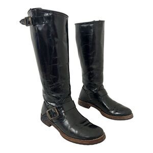 Frye Size 7 Veronica Slouch Tall Distressed Black Patent Leather Biker Boots